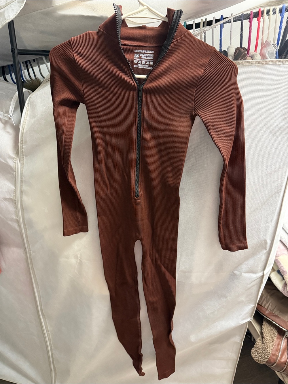 PrettyLittleThing Brown Ribbed Long-Sleeve Zip Jumpsuit
